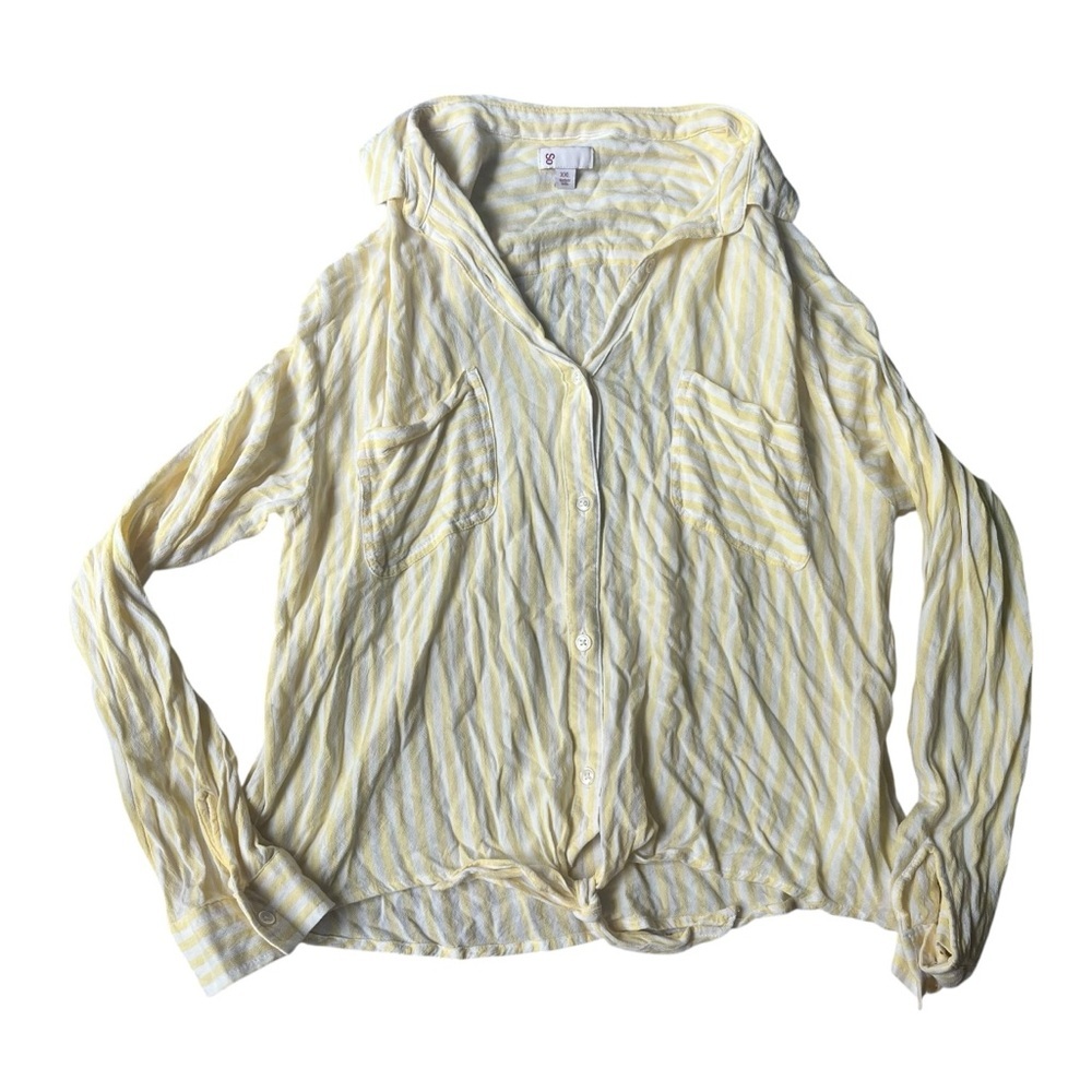 SO tie front button down stripe long sleeve blouse